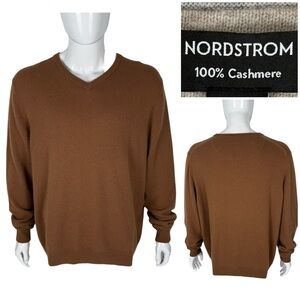 Nordstrom Mens 2XL Sweater 100% Cashmere Soft Classic Knit V Neck Brown Casual